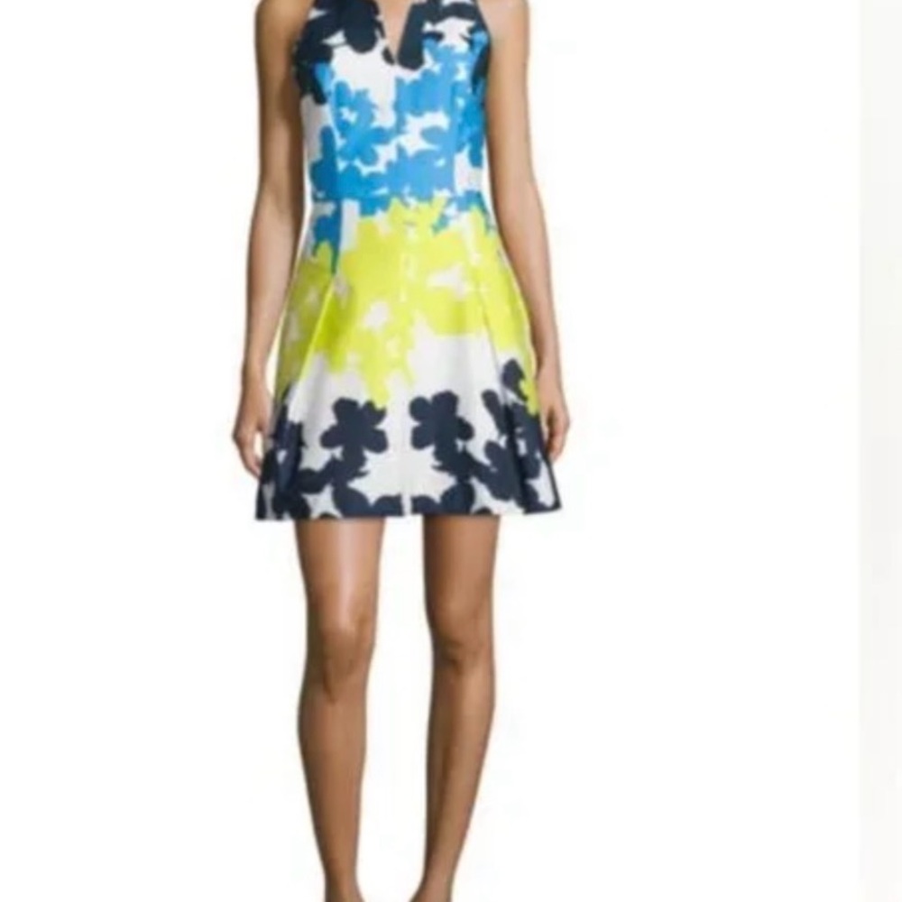 MILLY NY Floral Fit & Flare Mini Dress Sz 6 V-Neck Italian Blue Yellow Mid